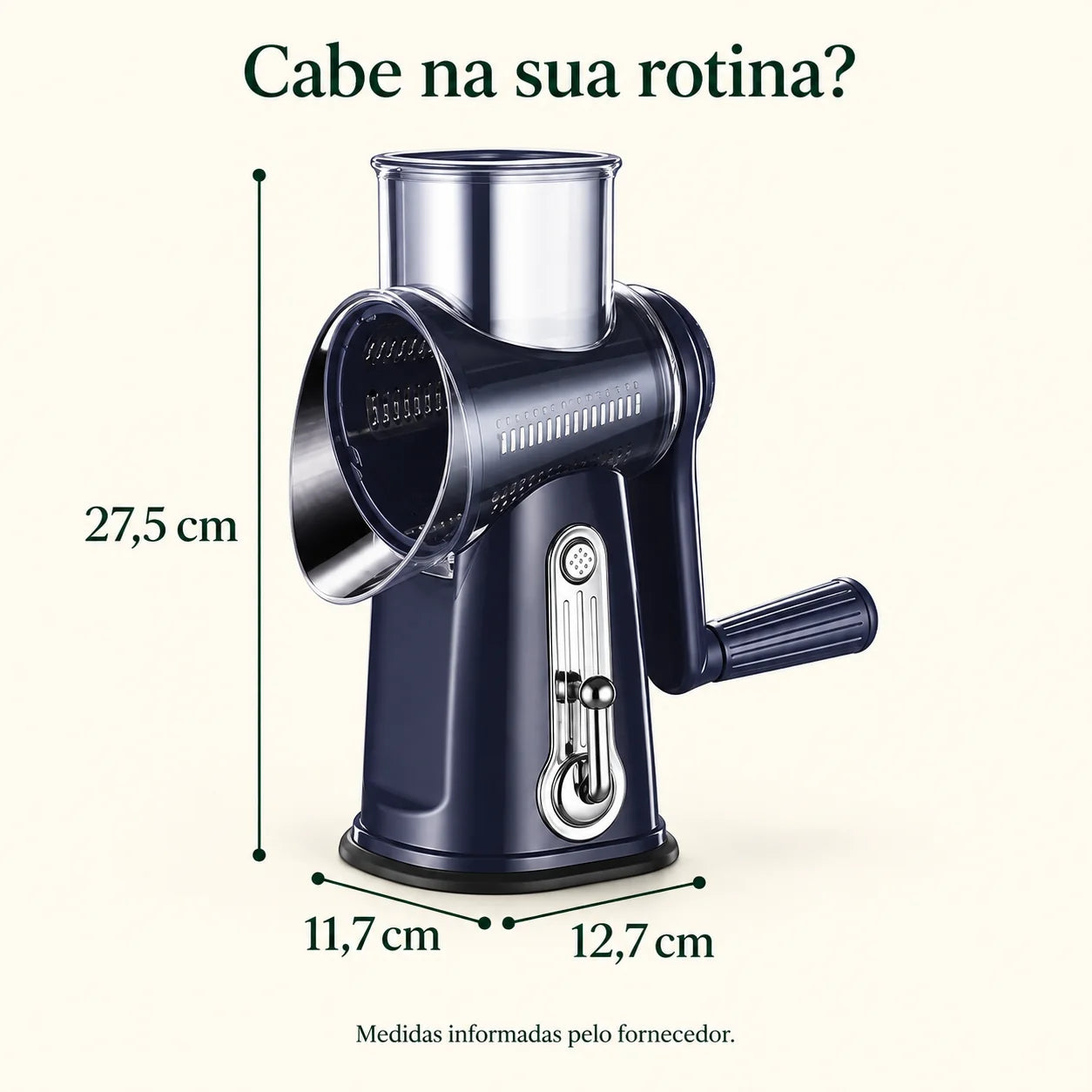 Dimensões do Giro 5: altura de 27,5 cm e base de 11,7 por 12,7 cm